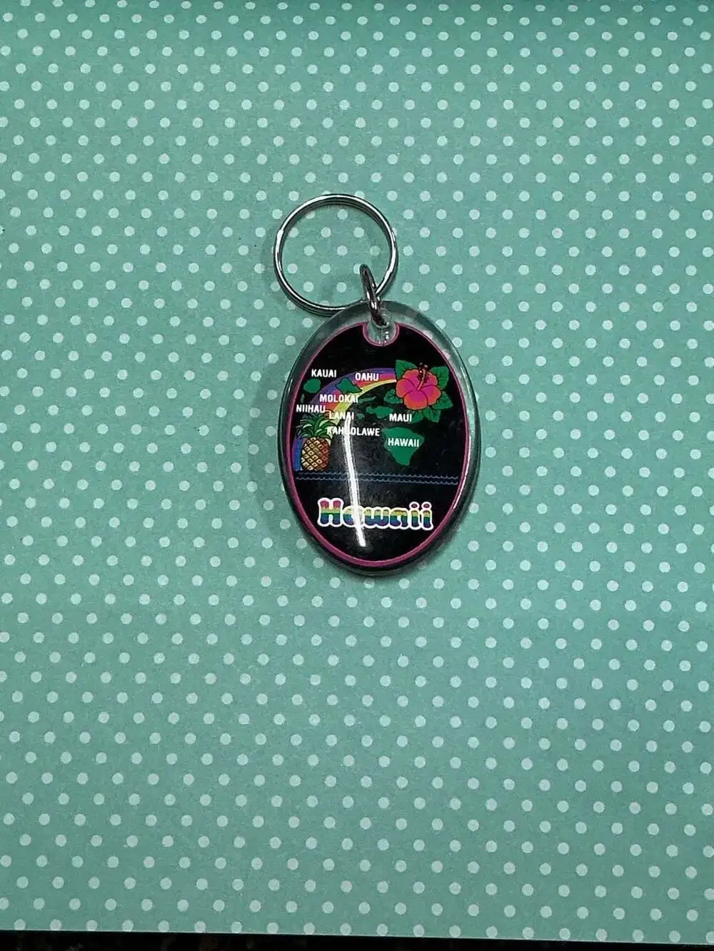 Vintage Hawaii Souvenir Acrylic Keychain with Map, Pineapple, and Rainbow Design